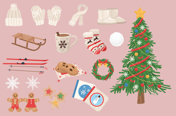 Collection of Christmas items on pink background