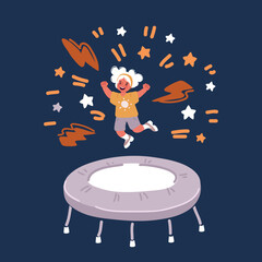 Cartoon vector illustration of happy little girl jumping on a trampoline having fun playing outdoor sport activity