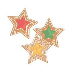 Christmas gingerbread cookies in shape of stars on white background