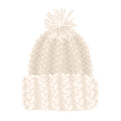 Stylish winter knitted hat on white background