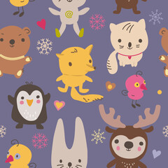 Naklejka premium Animals hand drawn seamless pattern. Cute deer, bunny, kitty, bear, fox in sweaters, scarves cartoon winter characters.