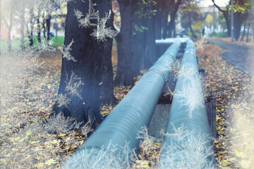 Winter gas pipeline. Metal pipes on the street. pipes from the pipeline. heat-pipe.
