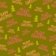 Merry Christmas hand drawn lettering seamless pattern.