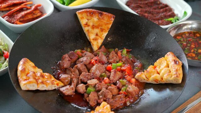 Traditional Turkish meal kebab, Ali nazik, adana kebap, urfa kebap, &ccedil;&ouml;p şiş, patlican kebap, domates kebap, şaşlık, saslik, ciger sis on table top view
