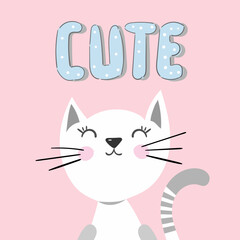 Cute Cartoon white Kitten with slogan text blue Cute