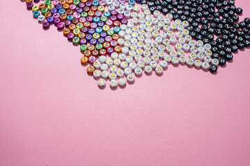 sweet multicolored alphabet background. Isolated, Flat Lay, Copy space, top view, space for text.