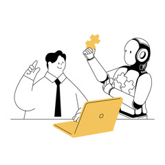 A vector illustration of a person who gets a hint from AI and works on a laptop computer.