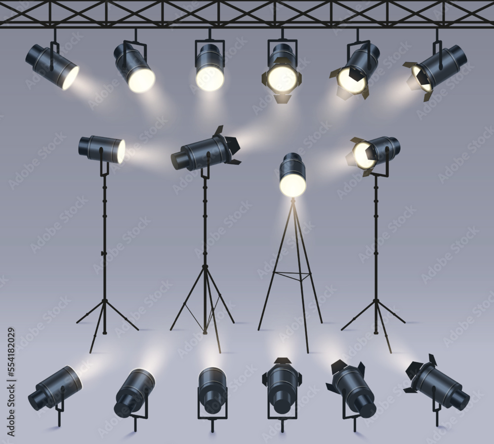 Wall mural realistic spotlights. lamp on tripod stand, photo studio or stage light equipment. spotlight with li