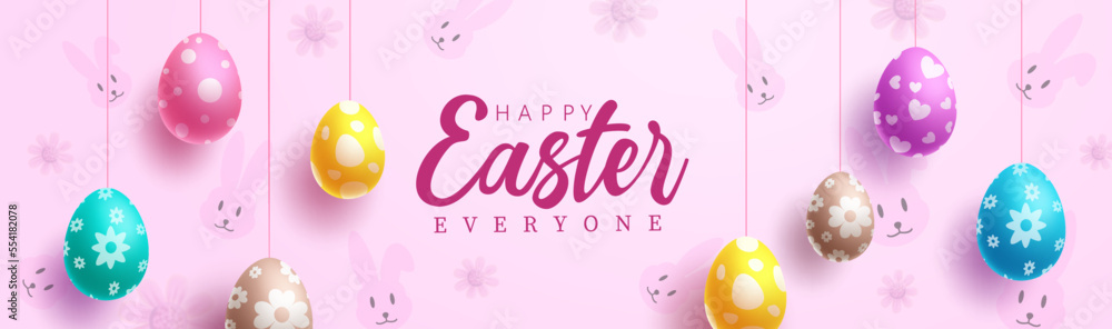 Poster happy easter vector background design. easter happy text in empty space with hanging colorful eggs f