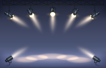 Scene with stage projectors. Studio podium with spotlights, shining scene illumination and light beam vector background