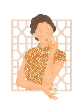 elegant Asian woman in traditional qipao costume holding mahjong on transparent background