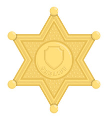 Sheriff star badge. Hexagonal golden symbol of police officer in charge of law enforcement. Cartoon vector isolated on white background