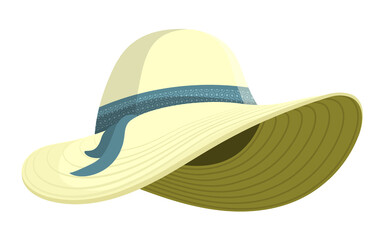 Round light women hat with wide brim. Elegant beige felt hat for sunny summer weather. Vector isolated on white background