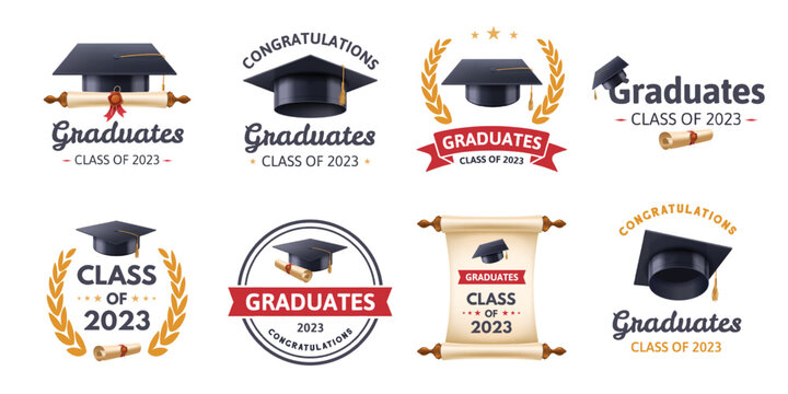 Graduation label. Class of 2023 congratulations graduates typography design, graduation ceremony badges vector template set