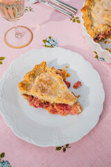 single slice of rhubarb pie on white plate, pink tablecloth with blue roses