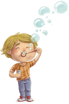 Ilustración de niño haciendo burbujas de jabón