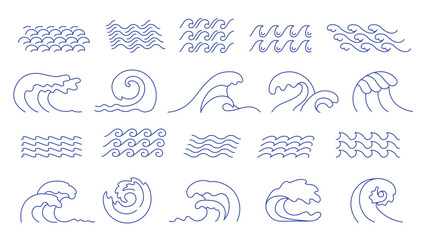 Line waves. Ocean surf curl, sea wave crest and water surface swing. Line art lake, doodle aqua and river vector icons set © WinWin