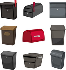mailbox letter set cartoon. mail box, post envelope, postal send, postbox delivery, email mailbox letter vector illustration