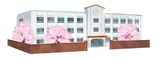 水彩風　桜と校舎　卒業入学の春の学校の風景
