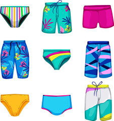 swimsuit men set cartoon. male summer, swimwear suit, man beach, fashion pants, bathing swimsuit men vector illustration