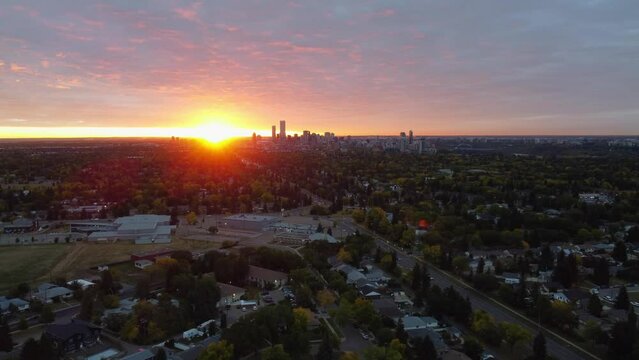 Edmonton, Alberta drone morning sunrise over city traffic