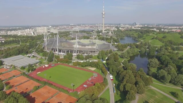 Olympic park Munich. Soccer and Athletic Stadium. Bavaria. Aerial flight