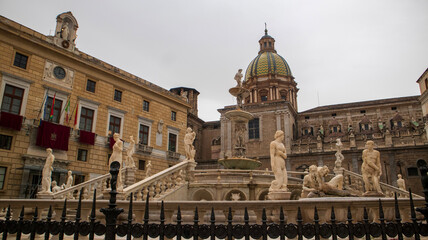 Fototapeta na wymiar Baroque fountain on piazza Pretoria, Palermo, sicily, italy