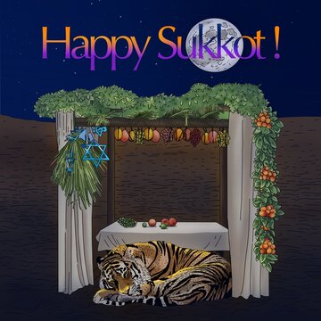 Sukkot. Post card with tiger and hut at moon night for Sukkot. Poster for Sukkot. Big picture