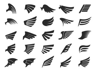 Obraz premium Stencil wings icons. Fast fly emblem, eagle freedom bird wing, holy angel and demon wings vector set