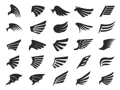Stencil wings icons. Fast fly emblem, eagle freedom bird wing, holy angel and demon wings vector set