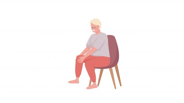 Animated character with knee ache. Young man with bone cramps. Full body flat person on white background with alpha channel transparency. Colorful cartoon style HD video footage for animation