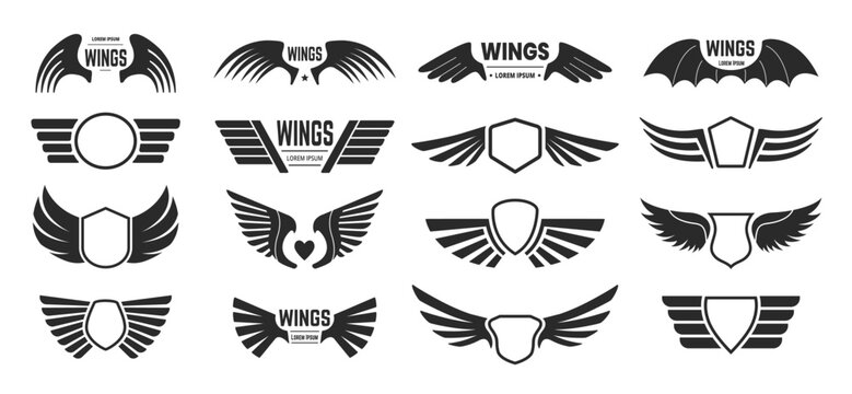 Wings badges. Heraldic shield with flying bird wings, fast frame for biker tag and air force army military aviation emblem vector set