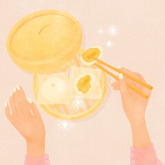 woman having dim sum Egg custard buns 