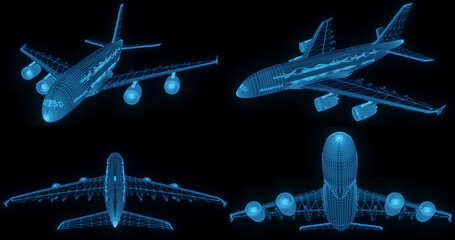3D rendering illustration aeroplane blueprint glowing neon hologram futuristic show technology security for premium product business finance  transportation © KengVit14