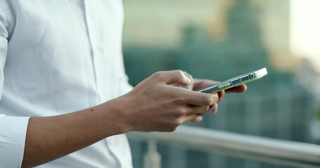 Businessman, hands or phone typing on balcony in digital marketing office, advertising company or social media startup. Zoom, creative designer or mobile technology for networking or branding website