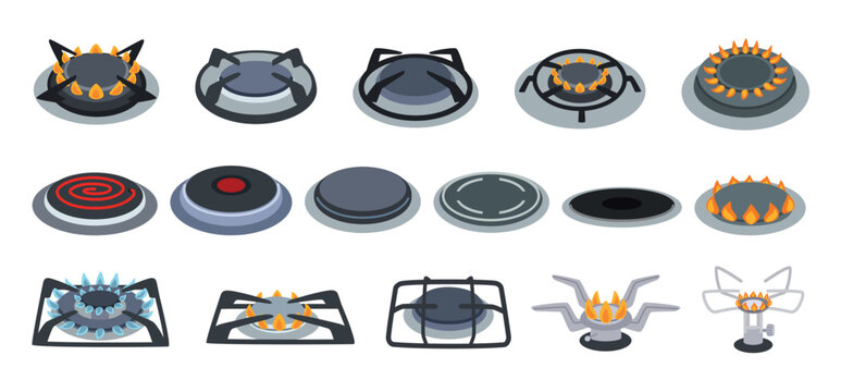 Stove burners. Electric and gas cooker, hob burner with fire flame heat and induction plate cartoon vector set