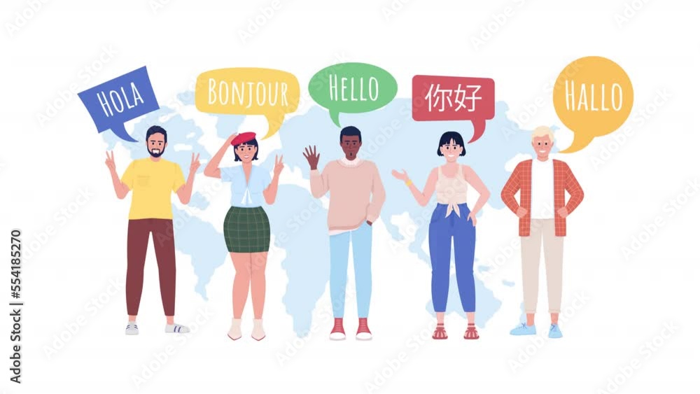 Poster animated multilingual group concept. looped 2d cartoon flat characters on white with alpha channel t