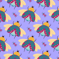 Vector seamless repeating pattern with hand drawn bugs or beetles