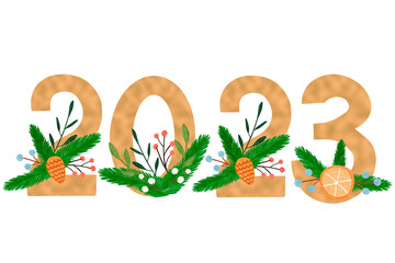 2023 golden foil numbers with Christmas wreath evergreen watercolor illustration. Hand drawn design element isolated on transparent background for sublimation, t shirt, mugs, New year banner