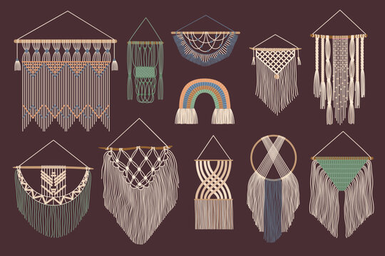 Bohemian wall hangings. Handcrafted macrame cozy home decor, knitted cotton yarn braid cord and ornamental hygge accessories hand drawn vector set