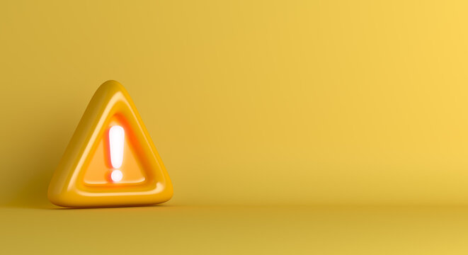 Yellow triangle warning sign exclamation mark, copy space text, 3D rendering illustration