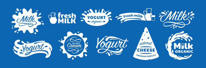 Milk product lettering labels. Yogurt splash drops, natural cheese and fresh milk emblem silhouette vector set