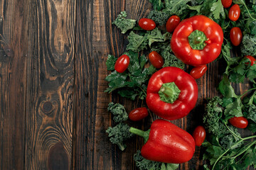 tomatoes and red bell peppers on a wooden board.