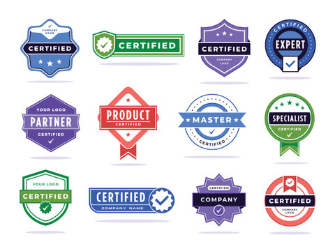 Certified badge. Company partner tag, checked expert or master accreditation stamp and product certification mark vector set