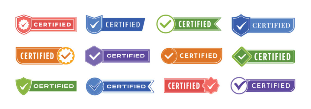 Certified label template. Badge with check mark icon, certification tag and quality approved stamp vector set