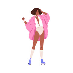 Retro fashion of 80s. Woman in funky outfit of 1980s. Young African girl in swimwear, fur coat, roller skates. Cool chic apparel of eighties. Flat vector illustration isolated on white background