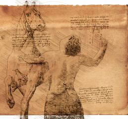 3d illustration of a man  and a horse drawing in style of Leonardo Da Vinci