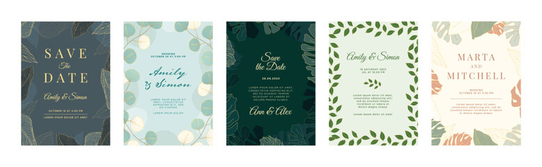 Golden floral wedding invitation. Elegant frame with luxury botanical leafs ornament and greenery foliage event invite template vector set