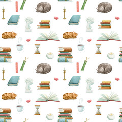 Watercolor pattern of books, stacks of books, open book, sleeping cat, candle and other book accessories.