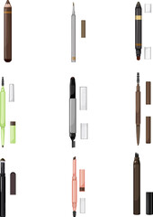 eyebrow pencil set cartoon. makeup pencil, beauty eye, cosmetic eyeliner, brown fashion, liner eyebrow pencil vector illustration